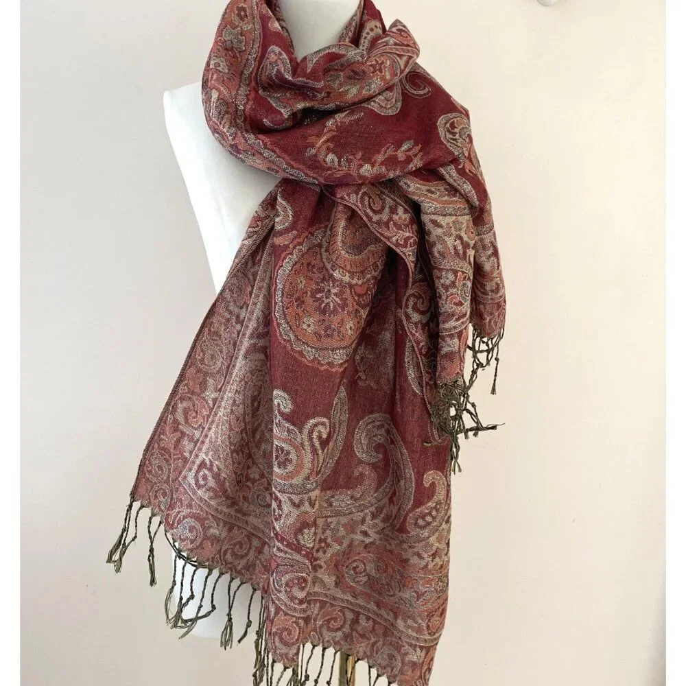 Womens Shawl Wrap Scarf 27 x 68 Paisley Floral Red Metallic Tapestry Fringe Boho